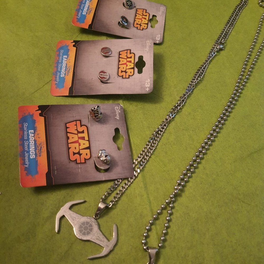 Star Wars Earrings & Necklace TIE fighter, R2D2, Stormtrooper, Rebel Alliance